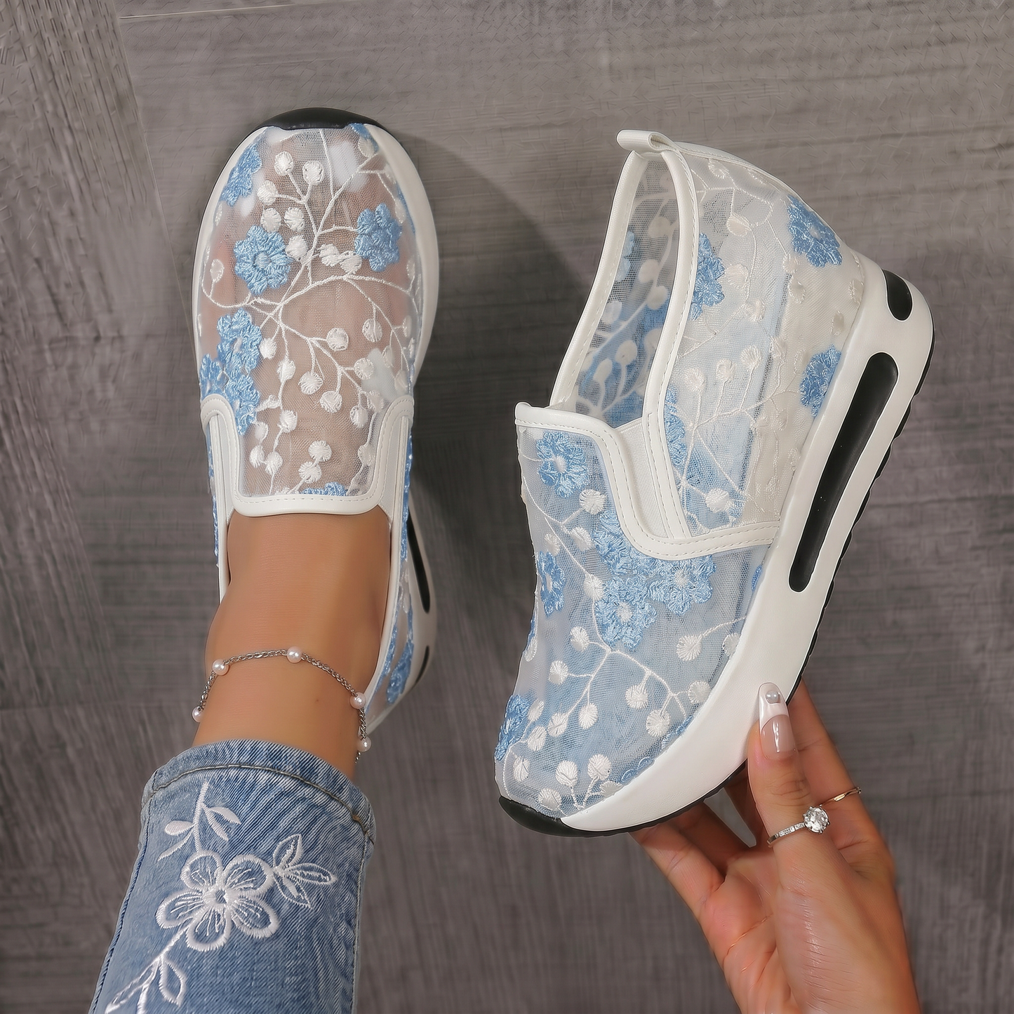 Mimosa - Baskets en Mesh Brodé Slip-On