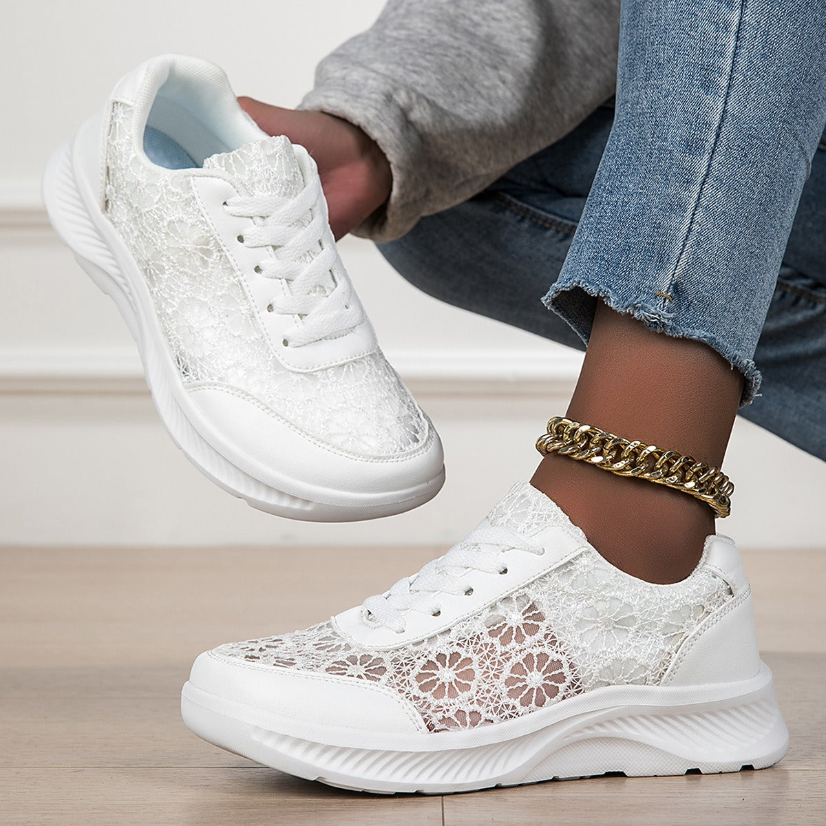 Perle | Baskets en Dentelle Florale à Lacets